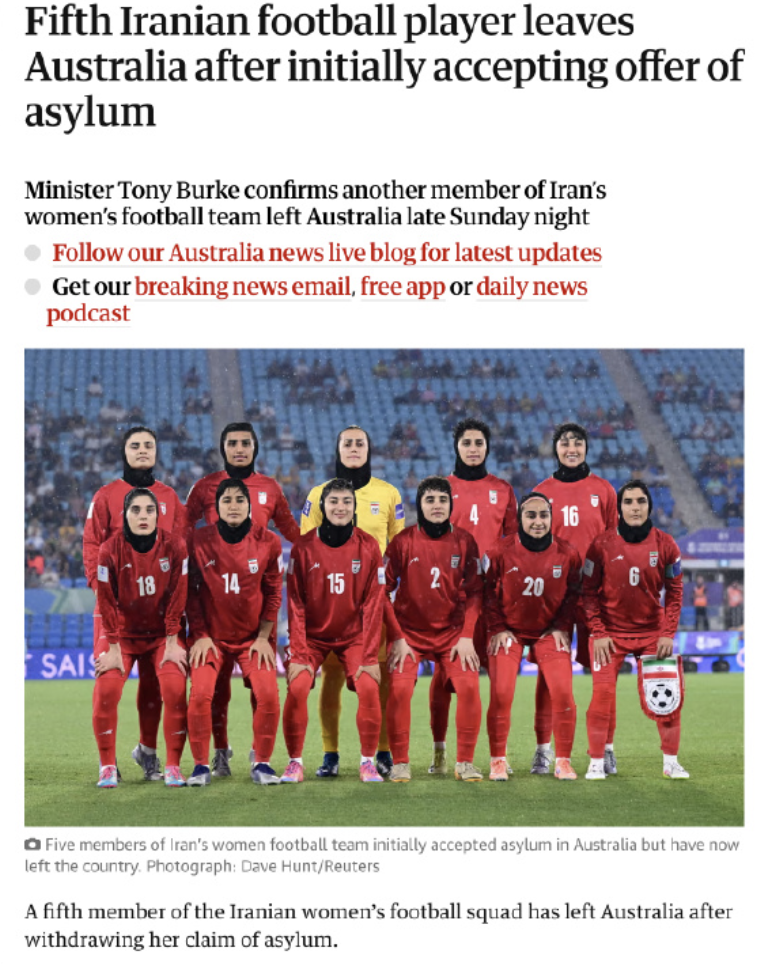 开云-仅剩2人!伊朗女足队长撤回庇护连夜赶回亚洲 外媒:她家人失踪了